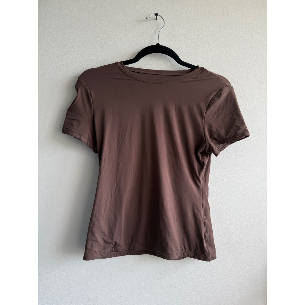 SUUKSESS Womens Brown Short Sleeve Crewneck Slim Fit Athletic Tee Shirt Large